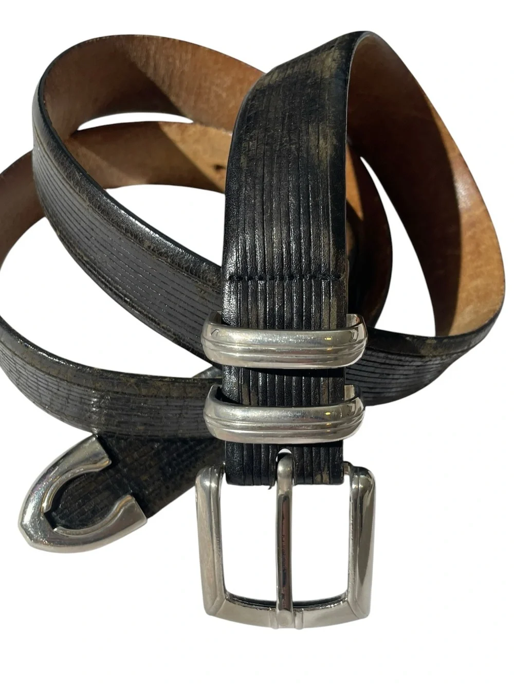 Cale Black Leather Western Silver Brass Tip And Buckle Belt Mens Sz 36 Spain